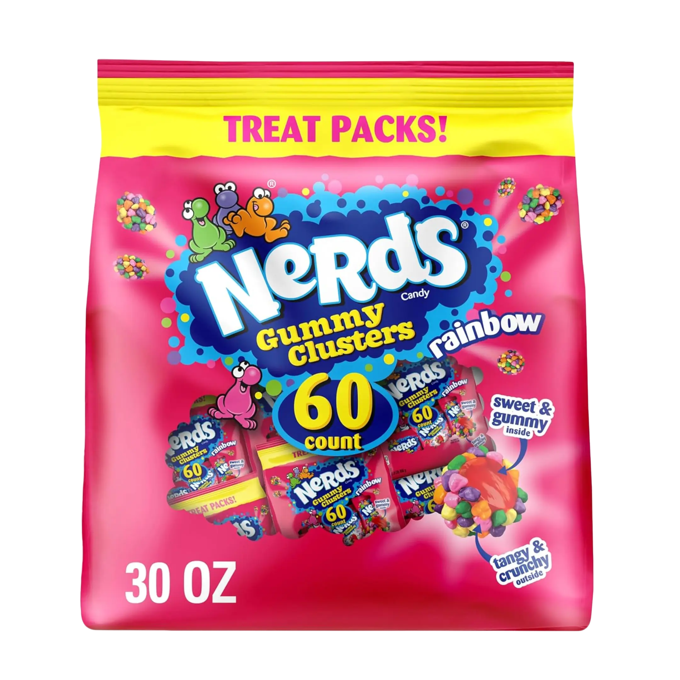 NERDS Original Gummy Clusters Rainbow Flavor Ferrara Candy Company Snack - Tangy & Crunchy Outside, Chewy & Crunchy, Sweet, Bite-Sized Treats, Kids Party Snacks with Fruity Notes, 30 oz (60 Ct) Pack