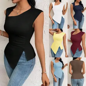Women's Elegant Solid Color Sleeveless Blouse Asymmetrical Cutout Neck Side Ruched Slim Fit Irregular Hem Top for Spring Summer Going Out