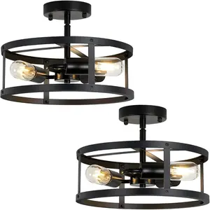 3-Light Semi Flush Mount Ceiling Light, Farmhouse Black Metal Cage Fixture, Industrial Lighting for Kitchen Foyer Hallway Entryway 2 Pack