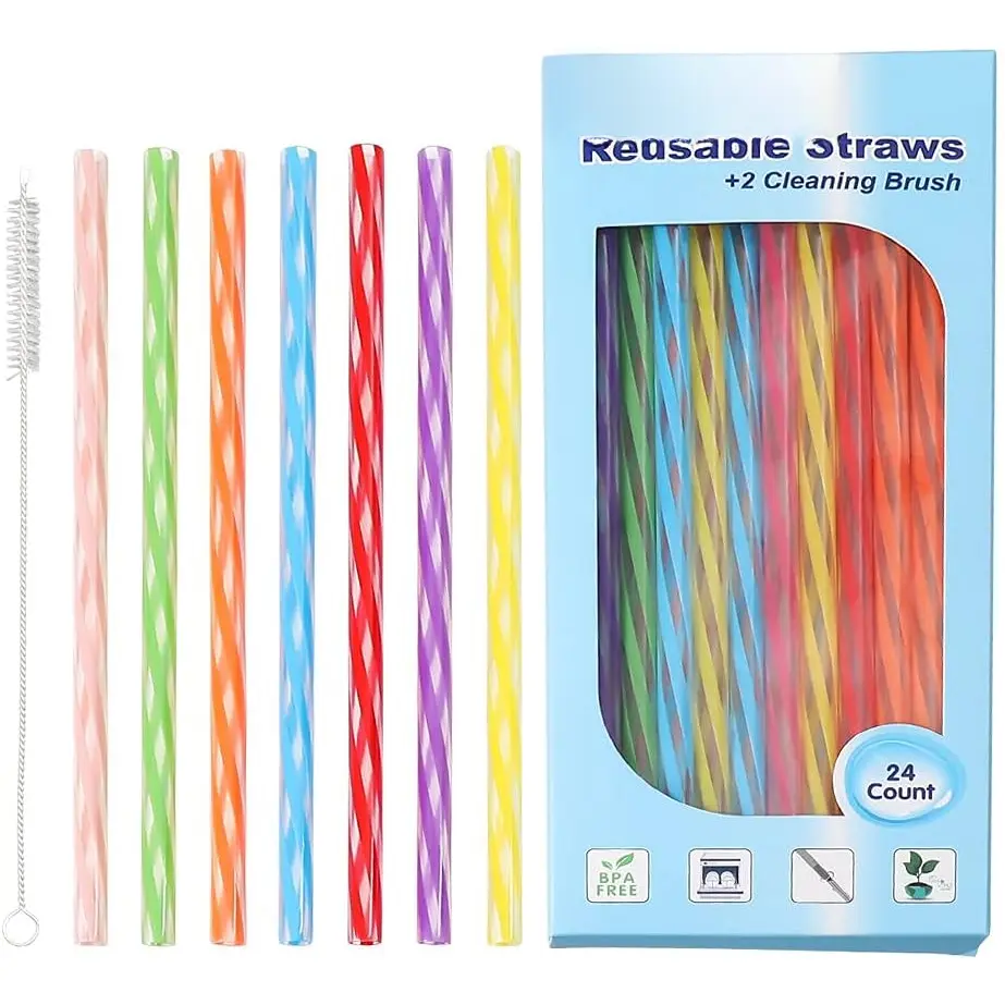 Reusable Stirrer Straws, Straw Cleaner Brush, Short Assorted color Plastic Straws fit for Milk & Juice & Coffee & Smoothies & Cocktail &  Straws Kit (24Count-7.5in)