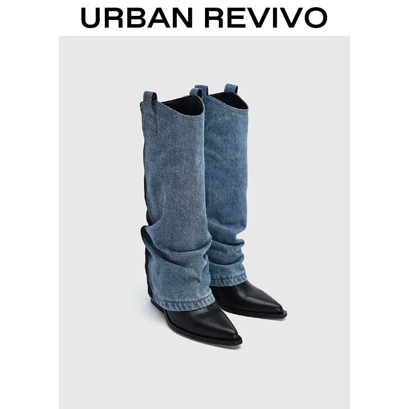 URBAN REVIVO Women's Modern Patchwork Mid-Calf Boots, Pointed Toe Mixed Fabric Casual Shoe for Spring Style