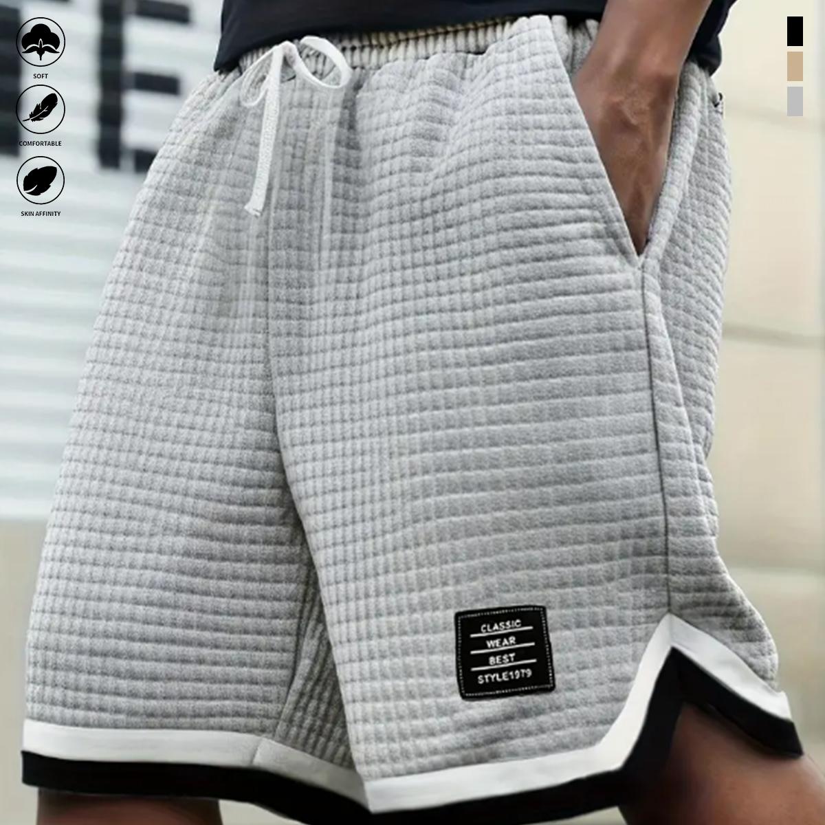 3-Pack Men's Waffle Shorts with Contrasting Stripes and Label Pattern Knitted Design with Drawstring and Pockets, Classic Chic Breathable Shorts for Summer Everyday and Street Wear, Perfect for Gifts