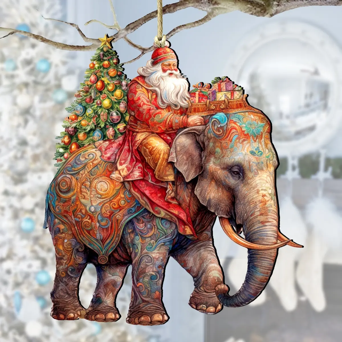 Designocracy 8611043-2 Handcrafted UV-Protected Artistic Wooden Christmas Ornament, 5x5.5x0.25 in (5x5.5 in), Santa-on-Elephant Design, Holiday Home Decor, Gifting Accessory