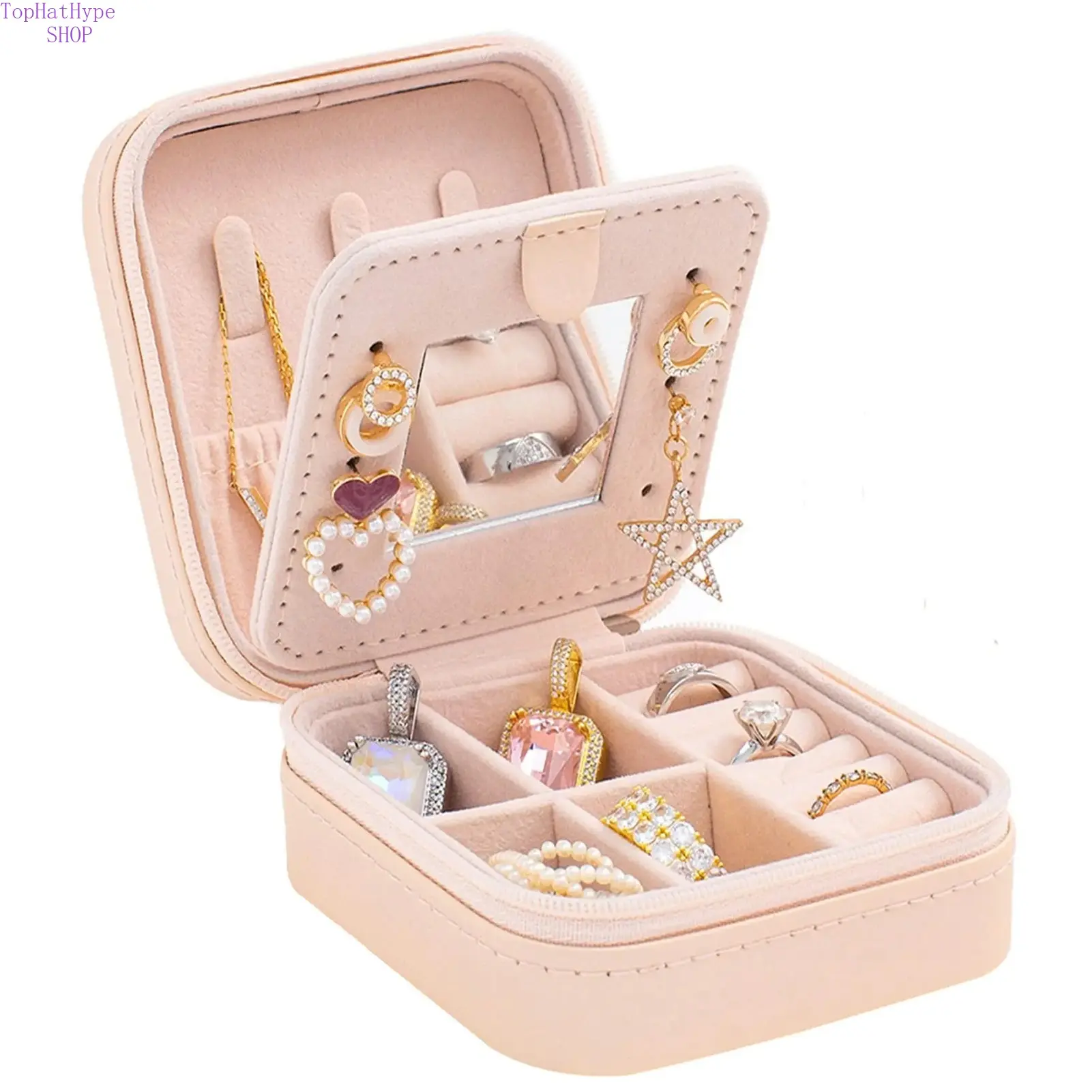 Women's Mini Solid PU Leather Jewelry Organizer - Small Size Portable Travel Case with Mirror, Gift for Rings & Earrings (Mini Travel Products), Girls, Meaningful Gifts, Includes Mirror, Box, With Compartments, Gift Ready