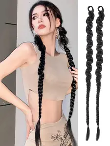 24/28/32 Inch Long Braiding Synthetic Hair Extensions, Box Braided Ponytail Extension with Rubber Bands, Double Fishtail Braided Hair for Women Girls