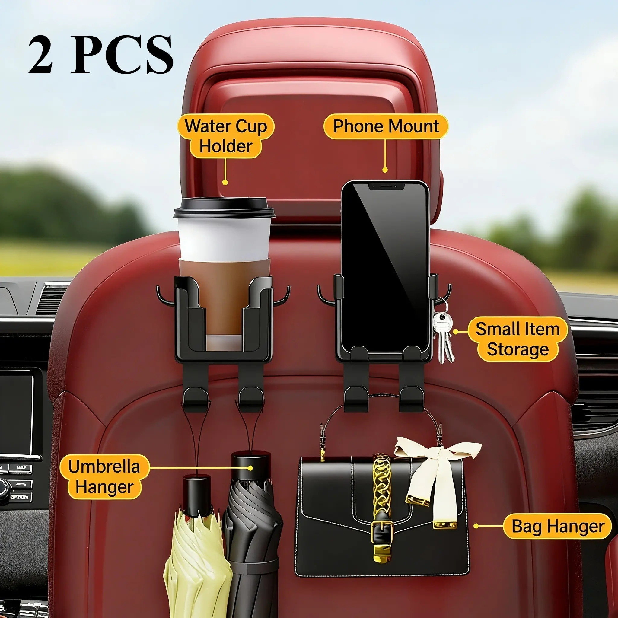 2 pieces (multi-functional cup holder + rear hook), Multi-functional car seat back storage rack with cup holder, phone holder and hooks, Car Seat Organizer, Multifunctional car organizer, Car Organization Supplies, Suitable for most vehicle models