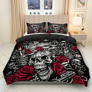3PCS Duvet Cover Set, 1 Duvet+2 Pillowcases(Without filler), Skull Rose Gothic Punk Rock Tattoo theme, Halloween bedding set, Skull Art Design Suitable for decoration Bedroom Loft  Dorm