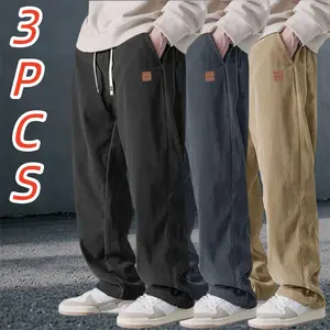 3-pack men’s corduroy wide-leg pants — retro high-street style, loose straight fit with a drapey feel and drawstring design; casual long pants that are comfortable and versatile for everyday streetwear wear in all seasons. Baggy