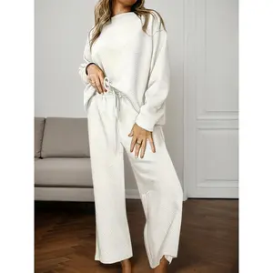 Cozy Waffle Knit Two Piece Lounge Set Long Sleeve Top & Drawstring Pants Soft Minimal Chic Style Loungewear for Women Fall Winter Outfit Casual Clothes Everyday Fabric Suits Lightweight