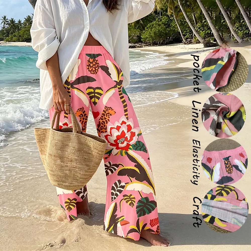Women's 30% Linen 70% Rayon Jungle Leopard Print Pants - Elastic Waistband, Comfortable Holiday Wear with Bikini Accessories, Beach Shirt Vibe, Tropical, Bottom