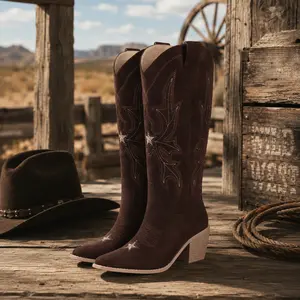 FREECHICC Cowboy Boots for Women Knee High Western Boots Pointed Toe Side Zipper Chunky Heel Country Western Boots Wide Calf Cowgirl Boots