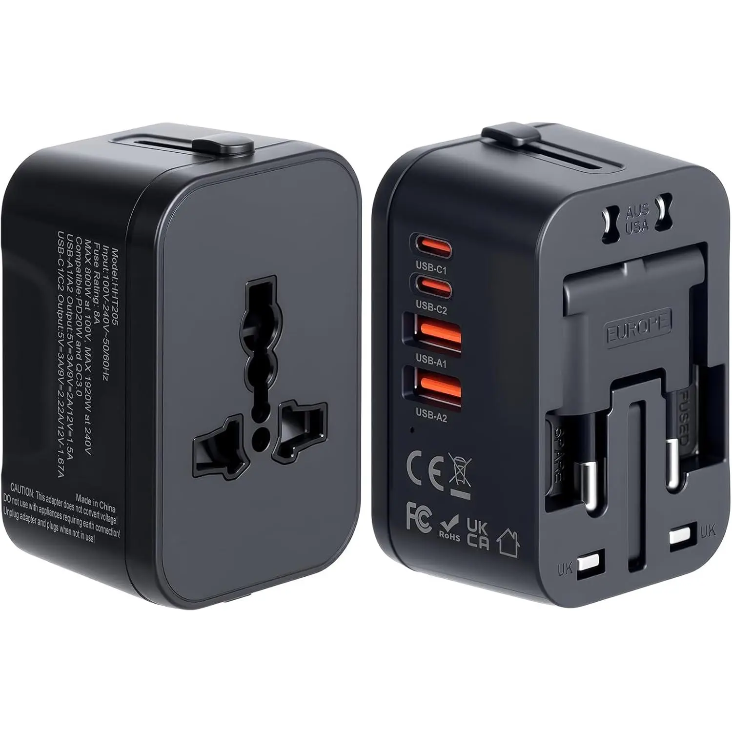 Universal Travel Adapter  Charger, Worldwide Plug Adapter 2 USB C PD3.0 & 2 USB-A Quick Charge,  in  International Power Adaptor GaN  Wall Charger 4 Ports for Phone Laptop  EU UK AUS