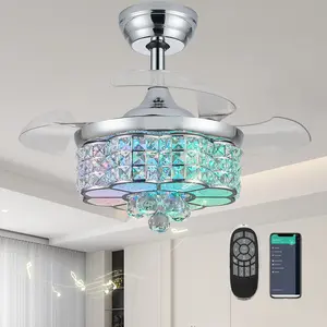 Zynfandor 30" RGB Crystal Retractable Ceiling Fan with Light Dimmable LED Chandelier, Remote & App Control, 6-Speed Timer, Memory Function for Bedroom Living Room,Silver