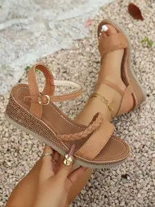 Women's 2026 Summer Vacation Essential Braided Strap Espadrille Wedge Sandals, Buckle Design Sandals, Classy Sandals, Open Toe Ankle Buckle Footwear for Beach, Poolside & Casual Summer Days