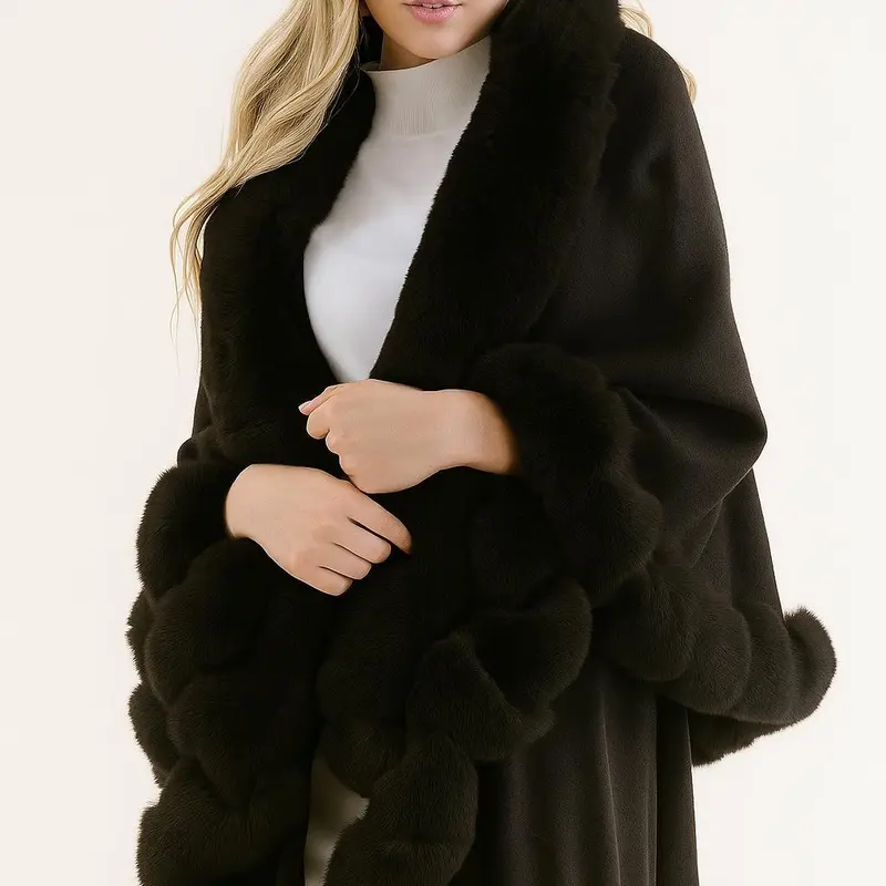 Women's Polyester Faux Fur Cape Poncho - Open Front, Double Draped Layers, Soft Trimmed, Luxe Vibe Evening Statement Cape, Elegant Outerwear, Plush Warm Lightweight Coats & Jackets, 1 Size Fits Most (S-XL)