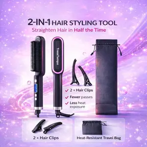 Hair Straightener Brush for Women – Fast Heating Flat Iron, 9 Temperature LED, Anti-Scald Auto Shut-Off, Hair Straighteners, Straightener Iron, Clips & Travel Bag