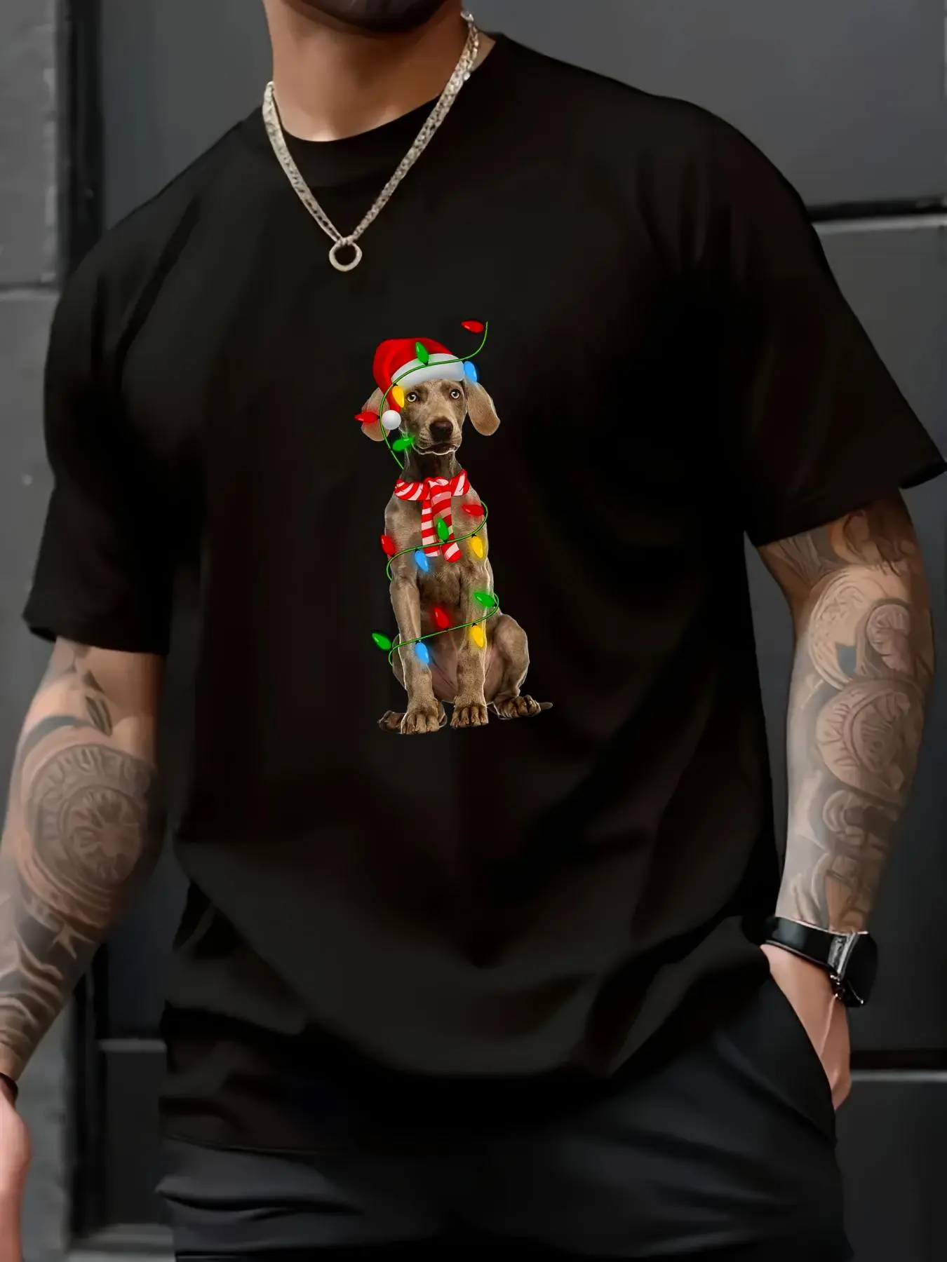 Men's Christmas Weimaraner Printed Graphic T-Shirt - 100% Cotton Fabric, Short Sleeve, Casual Loose Fit Round Neck Soft Holiday Top, Ironing-Avoid Prints, Machine Washable, Cold Wash, Suitable for Parties, All-Season Menswear