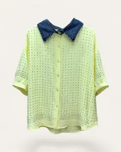 Perforated Knit Denim Collar Cardigan