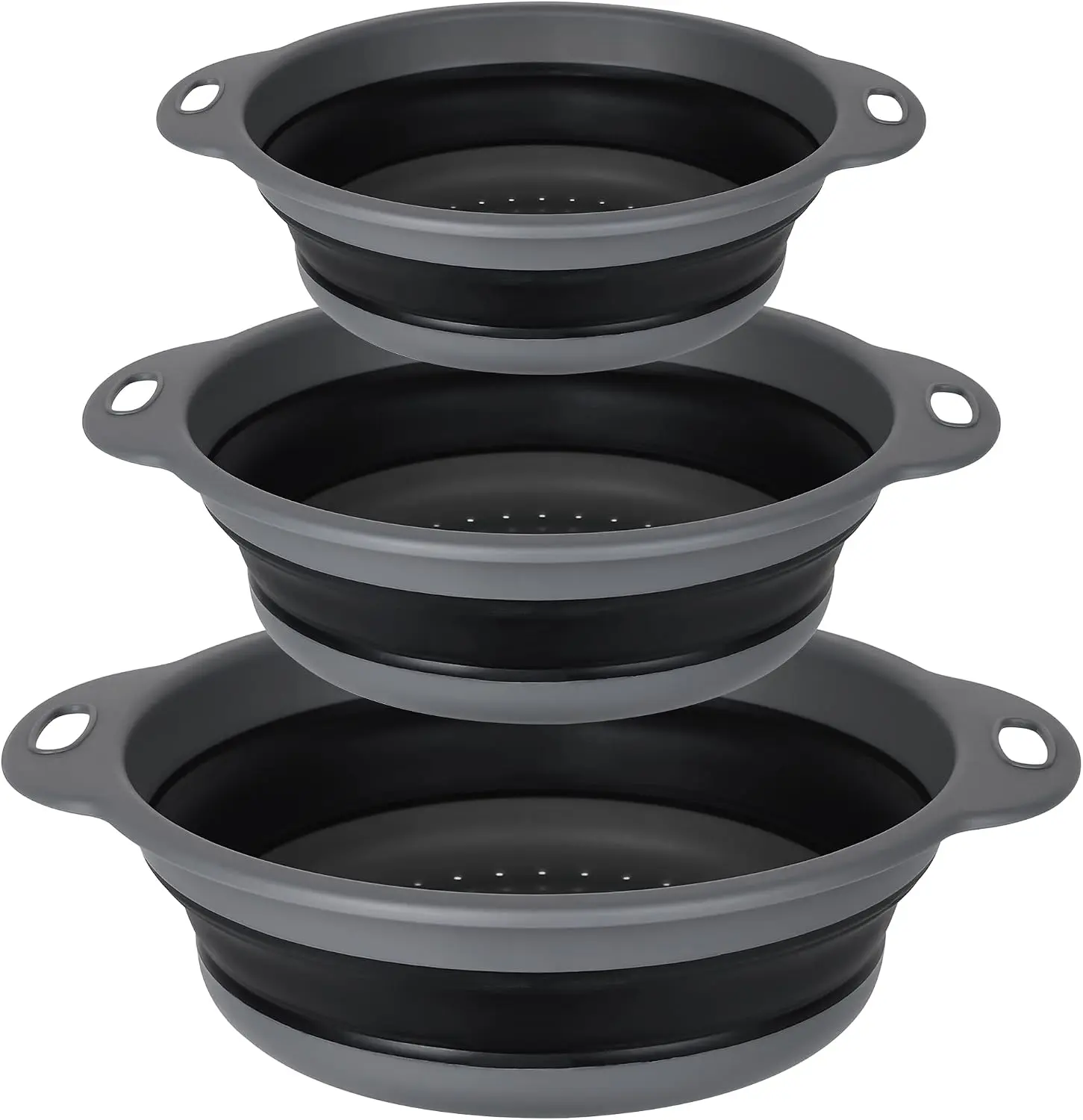 ROTTOGOON 3-Piece Foldable Sieves and Colanders Set - Multi-Size Round Silicone Collapsible Strainers (3QT, 4QT, 5QT) - Black Kitchen Utensils for Draining Pasta, Vegetables