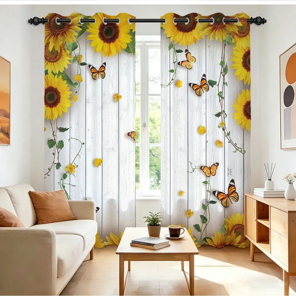 2 Panels Country Style Sunflower Print Blackout Curtains, Home Decorative Curtain for Living Room Bedroom Dining Room Home Decor Partition Dividers