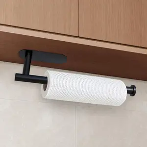 Wall Mount Paper Towel Holder, Stainless Steel Black Tissue Roll Holder, Self Adhesive & Drilling Installation, Under Cabinet Organizer for Kitchen Bathroom Fridge Pantry