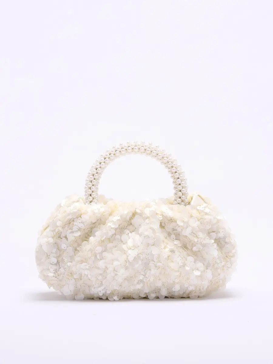 Round Wooden Handle Bag Bamboo Knot Bag Embroidered Vacation Style Women's Handbag Pearl Sequin Evening Bag