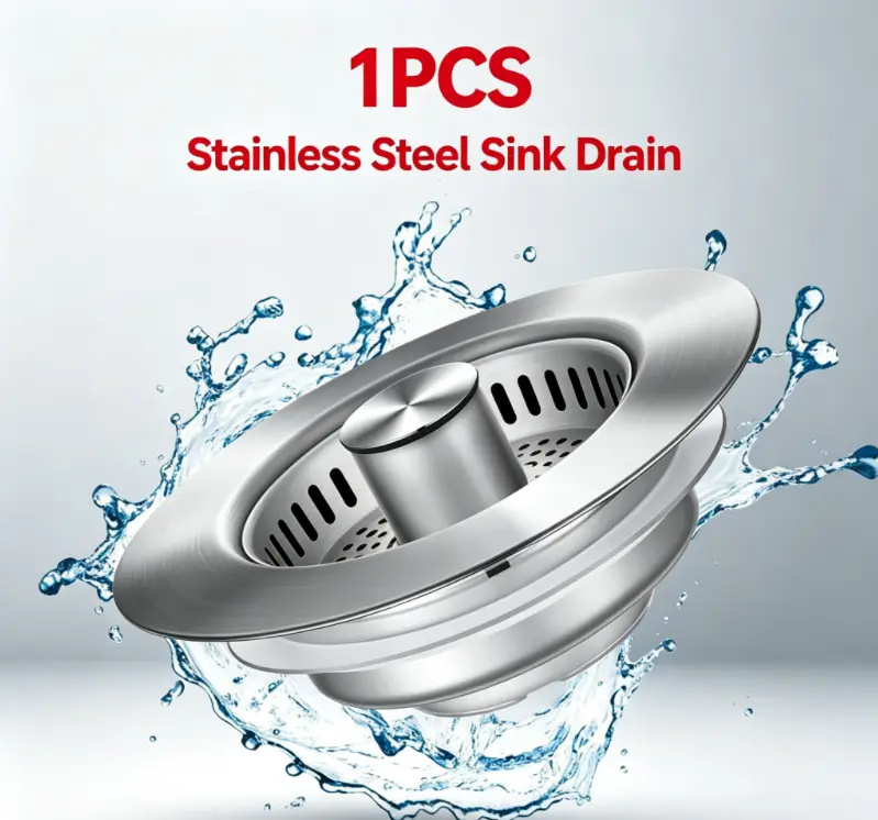 3-in-1 Pop-Up Sink Stopper Made of Stainless Steel, Detachable Push Down Drain Plug, Anti-Block Drainage Fixture, Fits 2.95 to 3.42 Inch US Standard Kitchen Sink Opening