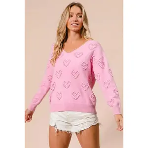 BiBi Valentines Heart Pompom V Neck Knit Top