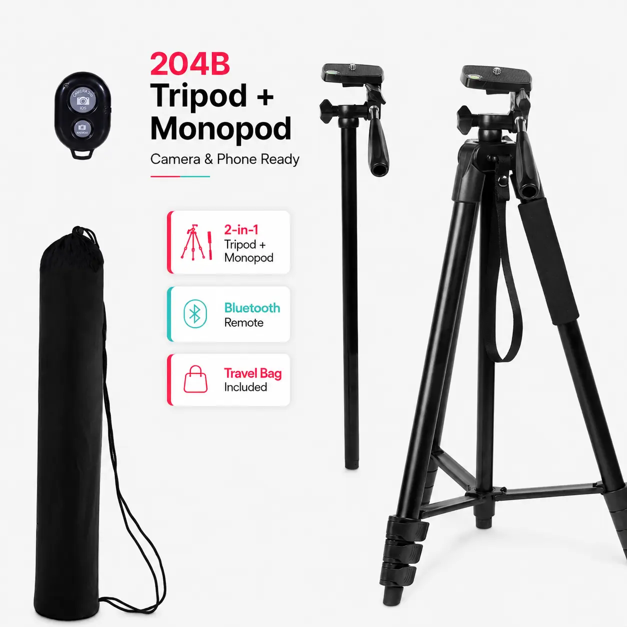 CAMBOFOTO 204B 63" Aluminum Height Adjustment Tripod-Monopod (Photography Equipment Accessory), Adjustable Stand with Bluetooth Remote for Hands Free Vlogging, Cellphone Selfie Accessory