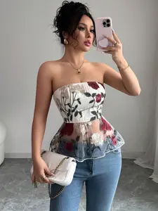 Women's Floral Pattern Tank Top, Sleeveless, Slim Fit Casual Style, No Zipper or Button, Spring & Fall Fashion, Non-Full Placket Design, Womenswear