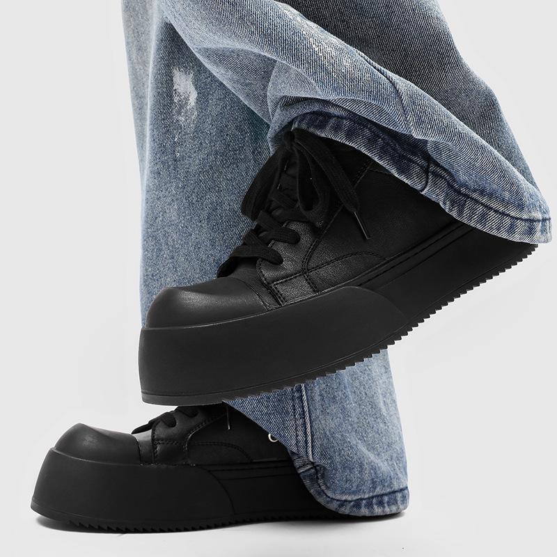 Men's Cleanfit Platform Sneakers All Black Leather-Like Simple Slim Leg Stylish