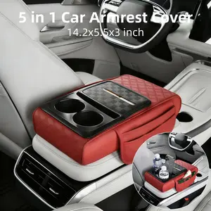 5 in 1 Car Center Console Armrest Cover, 14.2x5.5x3 inch Leather Memory Foam Auto Armrest Box Cover Pillow Cushion Pad Mat with Cup Holder & Phone Holder & Tissue Box, Non-slip Universal Car Accessories