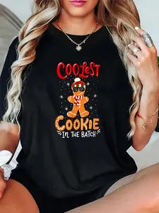 100% Cotton Unisex Coolest Cookie In The Batch Dabbing Gingerbread Man Costume T-Shirt spring/autumn Christmas snowflake fun cookie pattern women's shirt