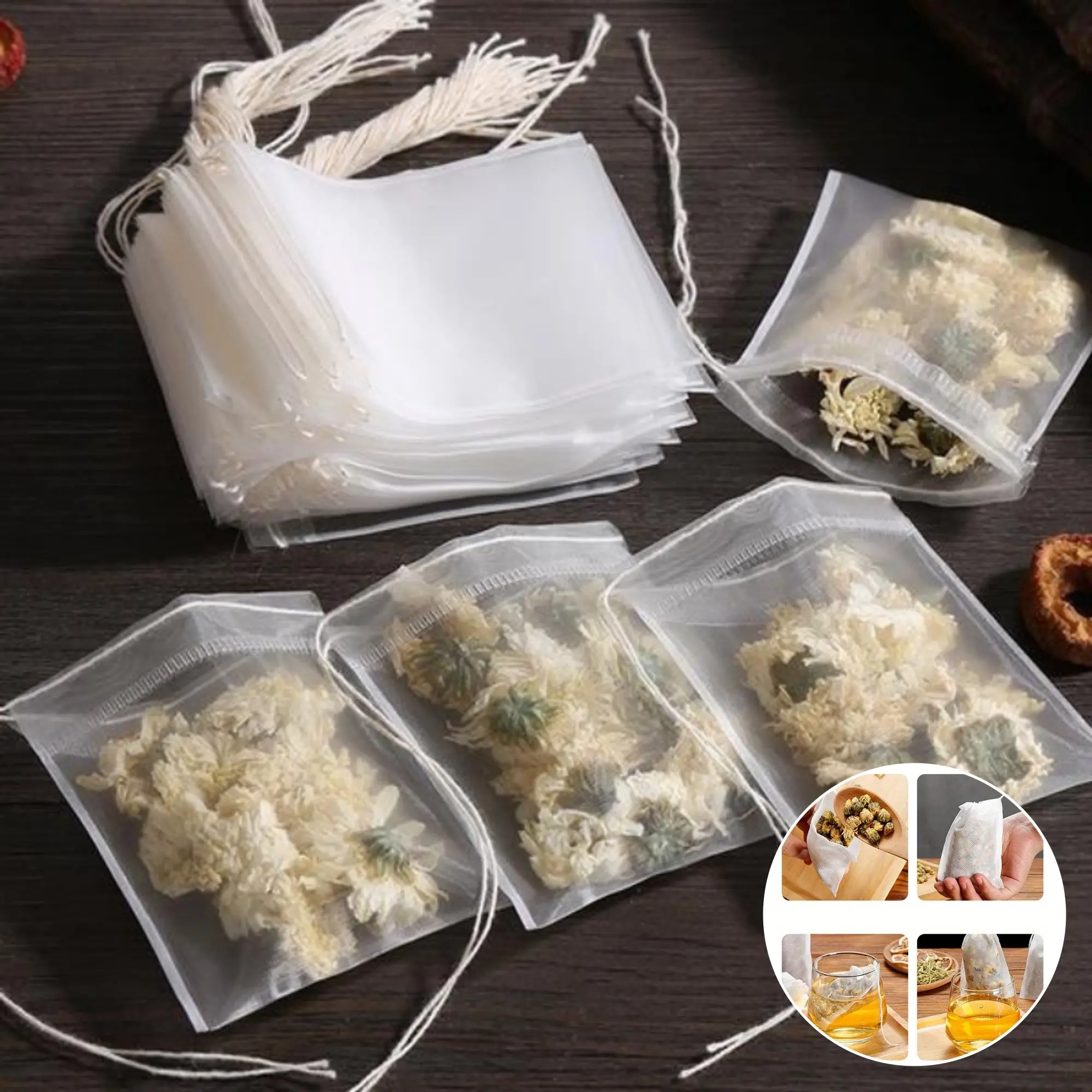 Disposable Drawstring Filter Paper Tea Bags, Pack of 100, 5.5 X 7cm, Biodegradable, Corn Fiber, Ideal for Loose Leaf Tea, Tea Infuser, Tea Accessories, Tea Making Tool