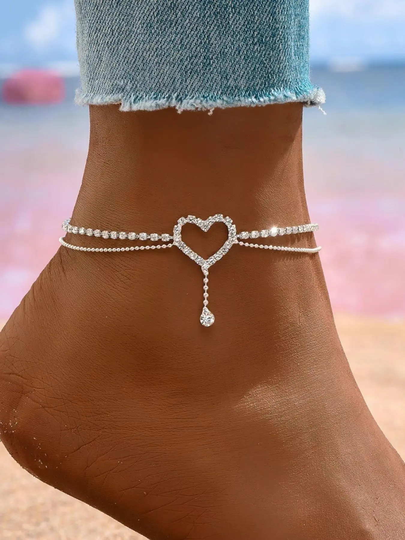 Elegant Heart Rhinestone Anklet, Wearable Jewelry, Fashionable Jewelry, Fashionable Accessory, Light Luxury Style, Elegant Fashion Accessories, Perfect for Daily Wear, Beach Date Night, Surprise Gift Idea, Stainless Steel Chain
