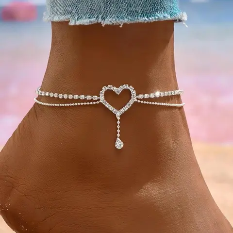Elegant Heart Rhinestone Anklet, Fashionable Jewelry Accessories, Fashionable Accessory, Trendy Jewelry, Light Luxury Style, Perfect for Daily Wear, Beach Date Night, Surprise Gift Idea, Stainless Steel Chain
