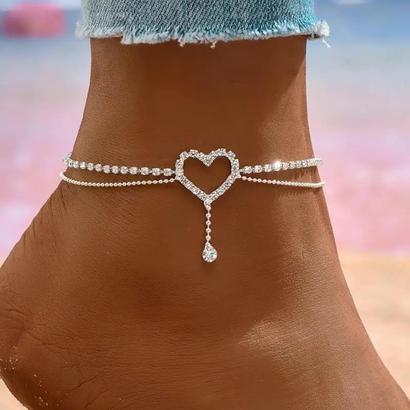 Elegant Heart Rhinestone Anklet, Fashionable Jewelry Accessories, Fashionable Accessory, Trendy Jewelry, Light Luxury Style, Perfect for Daily Wear, Beach Date Night, Surprise Gift Idea, Stainless Steel Chain