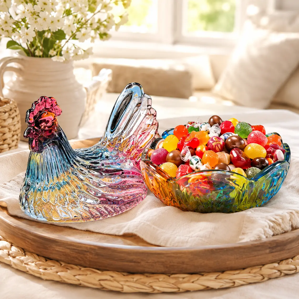 Blue Purple Gradient Glass Chicken Canister with Lid, Decorative Hen Candy Dish, Farmhouse Storage Jar for Kitchen & Table Decor Organization