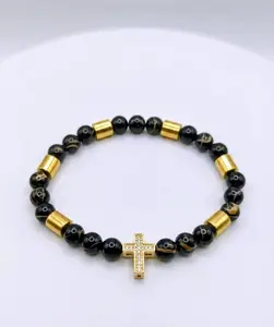 Black Onyx & Gold Cross Stretch Bracelet (7") – Religious Protection Jewelry – Unisex Christian Gift