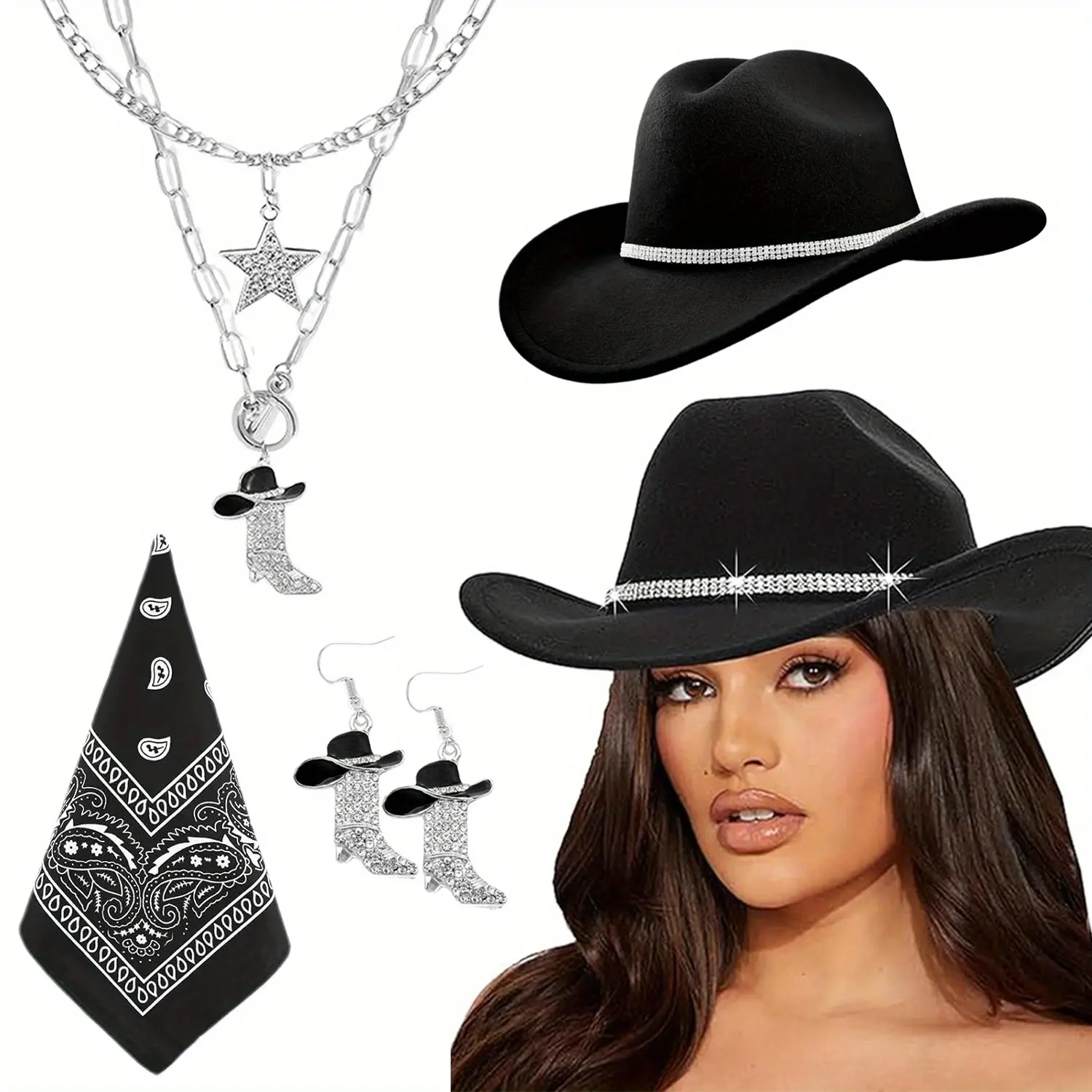 Women's 4-Piece Coordinated Western Accessory Set with Denim Pattern Cowgirl Hat, Sparkle Rhinestone Jewelry & Handkerchief for Parties, Cowboy Hat, Rural, Female, Birthday, Coordinated Design, Cowgirl Stuff, Glamorous, Fashion, Matching Denim Pattern, Sp