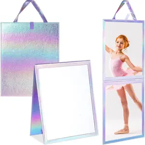 Foldable Backstage Mirror with Handle Holographic 33.5 X 13.4 Inch Folding Hanging Mirror Rectangular for Travel Dance Bag Home Fitness Spa Gift for Dancers (Purple)