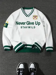 Loose College Style V-Neck Colorblock Baseball Sweatshirt, Unisex Patchwork Pullover, Never Give Up Slogan, American Badge