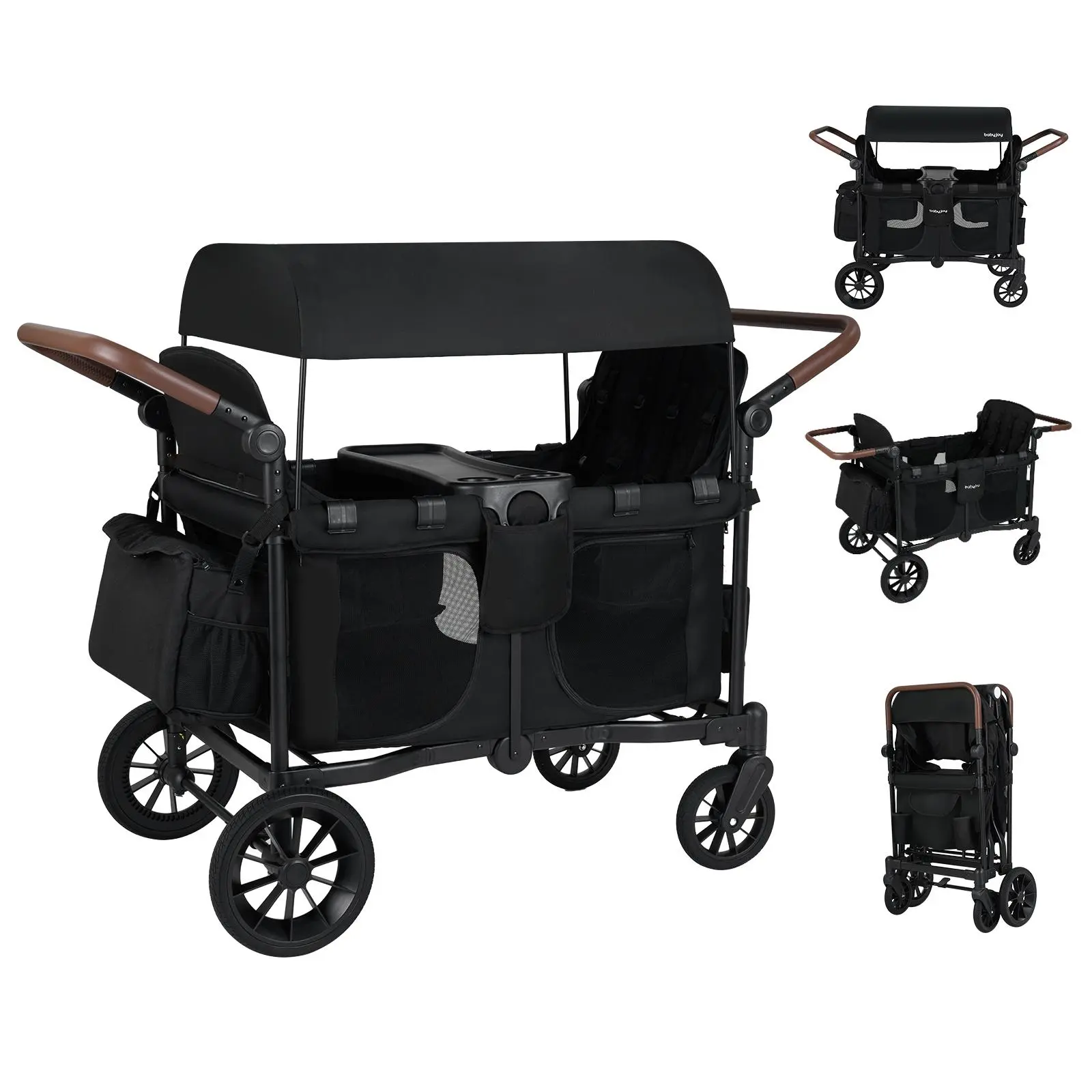 Costzon Baby Stroller Wagon for 2/4 Kids, Collapsible Push Pull Double Stroller Wagon with Adjustable Handle Bar, Removable Canopy, Safety Harness, & Large Storage Bag,for kids aged