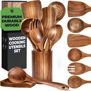 Wooden Utensil Set 7 Pcs – Sturdy & Easy to Clean, Natural Teak Wooden Spoons for Cooking – Non-Scratch Cooking Utensils with Spatula, Turner, Ladle, Spoons, Skimmer, Holder, Spoon Rest