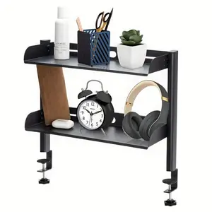 Adjustable Clip-On Desktop Organizer Rack, Double-Layer Metal Side Table, Easy to Install, Space-Saving Office Supplies Accessory Storage