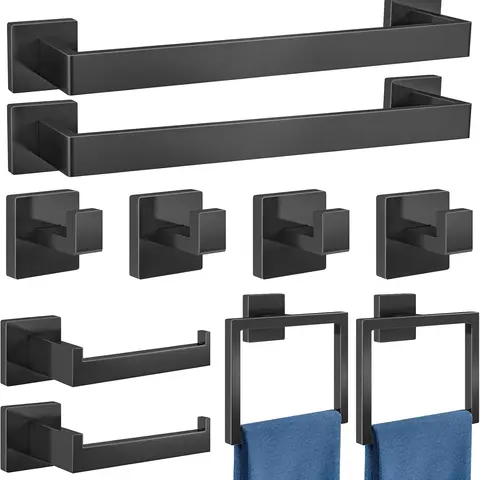 Matte Black Finish 10-Piece SUS304 Stainless Steel Bathroom Hardware Accessories Set - Bathroom Decor Set with 15.7" Wall-Mounted Towel Rack, Modern Look, Versatile Use, Durable, Easy Setup, Space-Saving for Indoor Bath