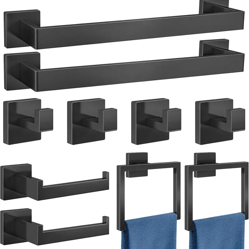 Matte Black Finish 10-Piece SUS304 Stainless Steel Bathroom Hardware Accessories Set - Bathroom Decor Set with 15.7" Wall-Mounted Towel Rack, Modern Look, Versatile Use, Durable, Easy Setup, Space-Saving for Indoor Bath