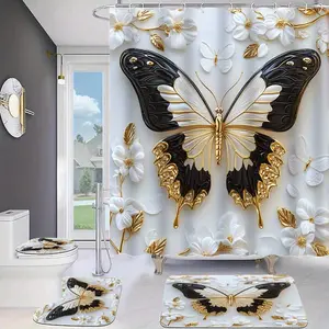 Butterfly Pattern Bathroom Decor Set, 4 Counts/set Including 1 Shower Curtain, 1 Toilet U-shape Mat, 1 Rectangular Mat, 1 Toilet Lid Cover, Bathroom Accessories