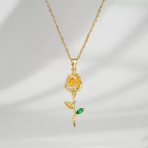 LisiZen Tulip Pendant Necklace for Women, Gold-Tone Zircon Design, Chic Elegant Fashion Collarbone Chain DZXL3826