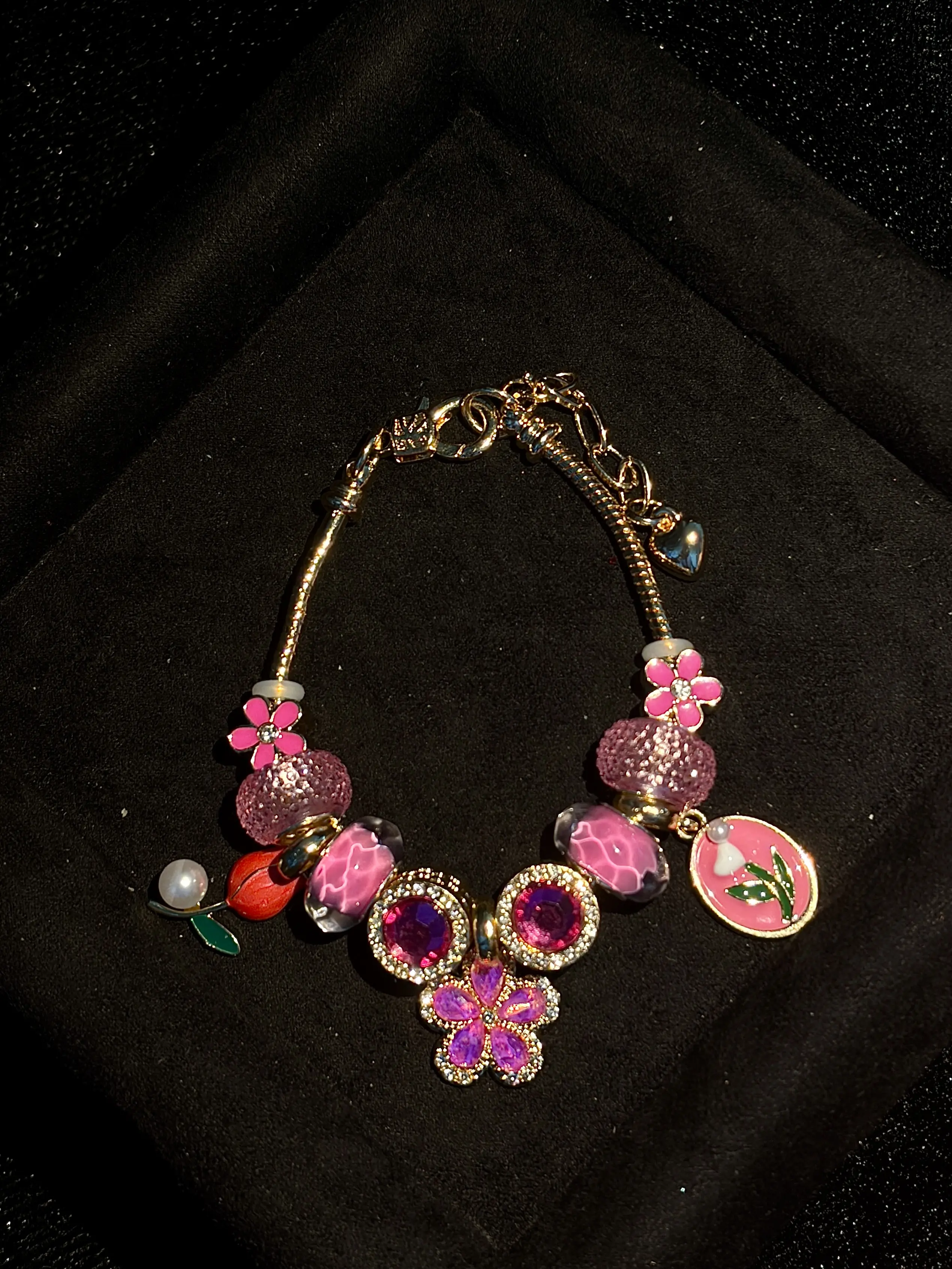 Fuchsia Pink Floral Charm Beaded Bracelet, Gold Plated Snake Chain Bracelet with Tulip & Crystal Beads, Elegant Jewelry Gift for Women